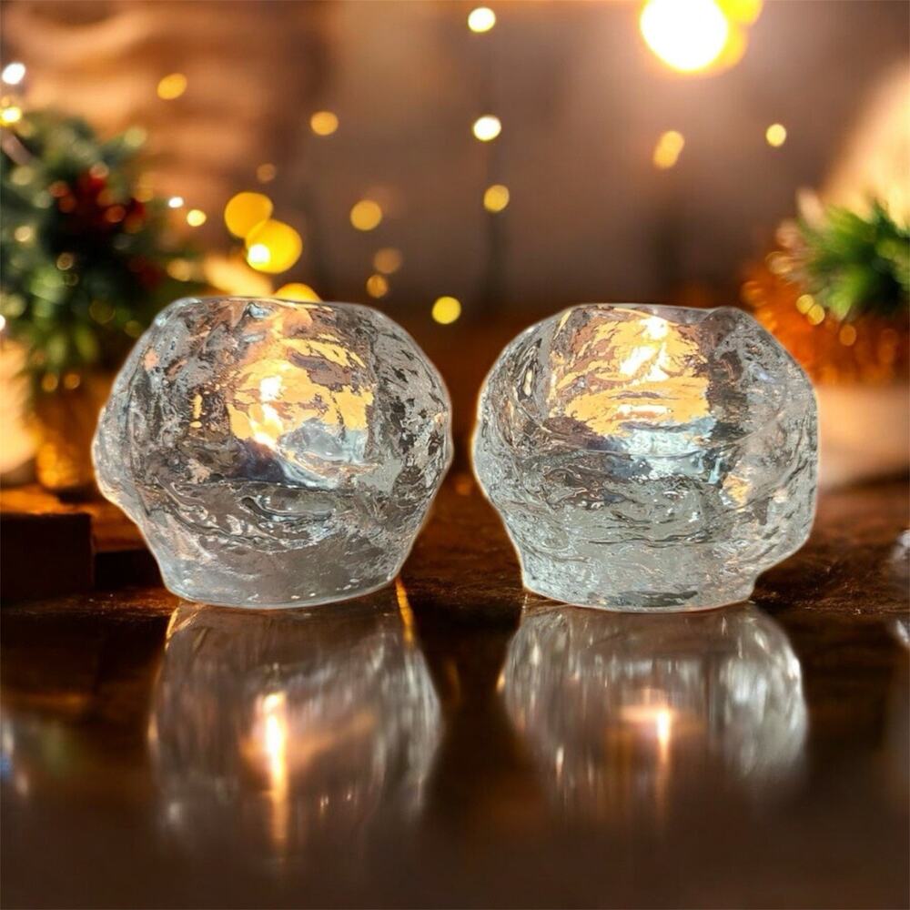 2 Vintage Kosta Boda Scandanavian Clear Crystal Snow Ball Votives Large-etched